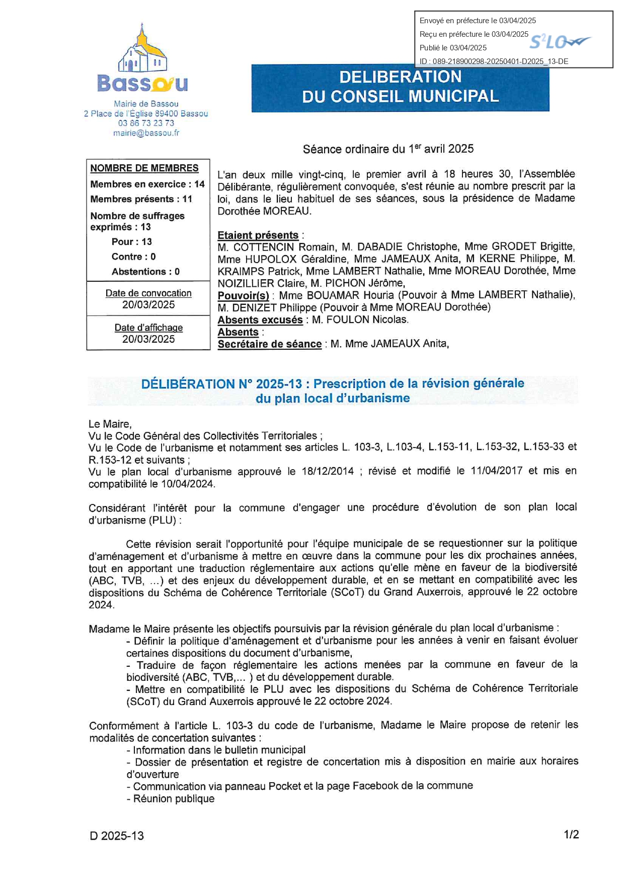 Délibération portant presciption de la révision générale du PLU